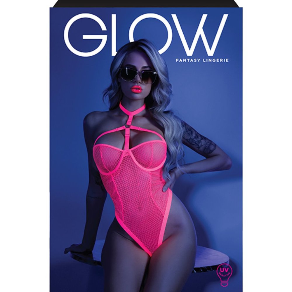 Glow Lights Off Lace Halter Bralette & Cage Panty Neon Pink M/L